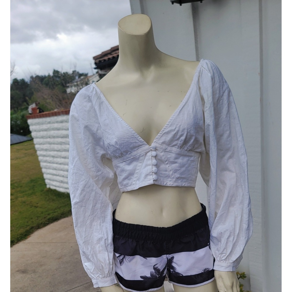 VRG GRL Linen Blend‎ Balloon Sleeve Deep V Crop Milkmaid Fairycore Ivory Sz 8 - Picture 4 of 13